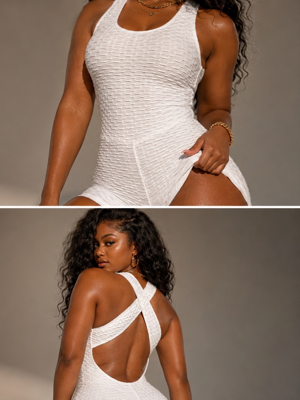 White Textured Scrunch Butt Romper Cross Back Workout One Piece